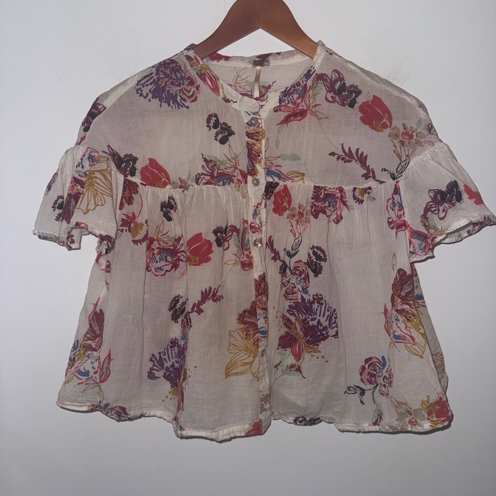 ✨ Free People Sweet Escape Floral Gauze Cotton Blouse Boho Flutter Sleeve Top - Picture 6 of 15